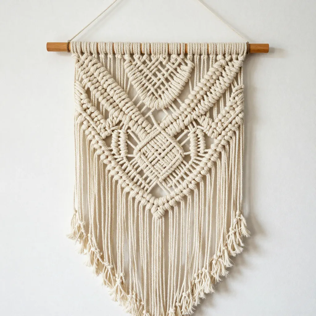 Storskala makramé installasjon i moderne interiør